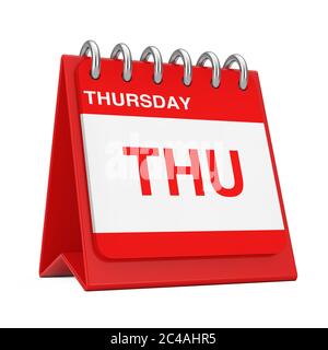 Red Desktop Calendar Icon Showing a Thursday Page on a white background 3d Rendering Stock Photo