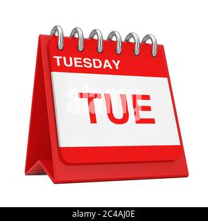 Red Desktop Calendar Icon Showing a Tuesday Page on a white background 3d Rendering Stock Photo