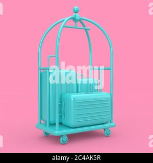 Blue Large Polycarbonate Suitcases in Blue Luxury Hotel Luggage Trolley Cart on a pink background. 3d Rendering Stock Photo