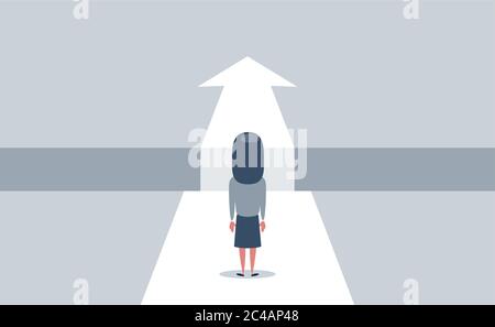 Business challenge and solution vector concept with businesswoman standing over big gap. Symbol of overcoming obstacles, strategy, analysis Stock Vector