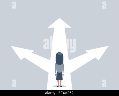 Business decision concept vector illustration. Businesswoman standing on the crossroads with three arrows and directions. Stock Vector