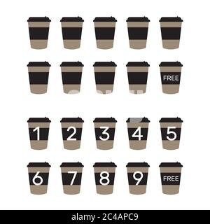 Take away coffee loyalty card concept. Buy 9 cups and get 1 for free template Stock Vector