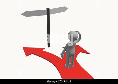 Anonymous 3D character standing at a crossroads trying to make a decision / choice, change of direction, lack of direction concept Stock Photo