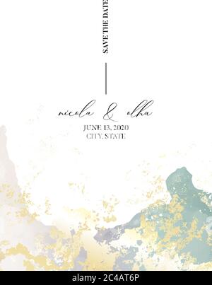 Soft tender wedding invitation, marble watercolor ligreen liquid flow, beige splashes and gold foil glitter elements in vector. advertising design, mo Stock Vector