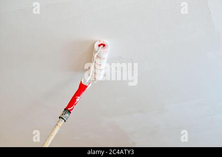 detail of paint roller painting ceiling  in white  Painting apartment, renovating with white color paint Stock Photo