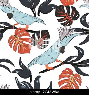 Blue parrot and monstera leaves pattern. Botanical jungle floral print. Nature unique foliage decoration. Colorful surface seamless texture, repetioti Stock Vector