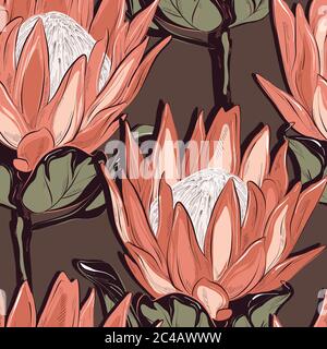 Protea seamless pattern design. Hand-drawn flower sketch. Botanical drawing, foliage background. Design  website cover, fabrics background. Stock Vector