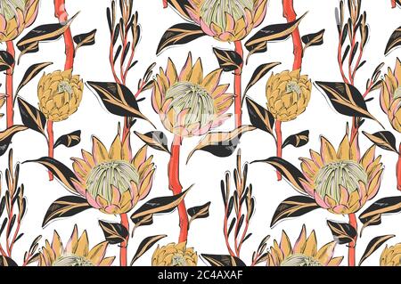 Dark Protea with leaves seamless pattern design. Hand-drawn flower sketch. Botanical line art drawing, seamless foliage background. Design  website co Stock Vector