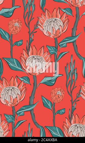 Red Protea with leaves seamless pattern design. Hand-drawn flower sketch. Botanical line art drawing, seamless foliage background. Design  website cov Stock Vector