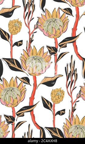 Dark Protea with leaves seamless pattern design. Hand-drawn flower sketch. Botanical line art drawing, seamless foliage background. Design  website co Stock Vector