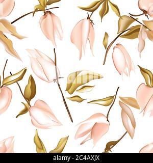 Tender jungle  peach flowers and leaves, physalis background pattern, realistic illustration. Summer texture, abstract vector. Botanical hawaiian wate Stock Vector