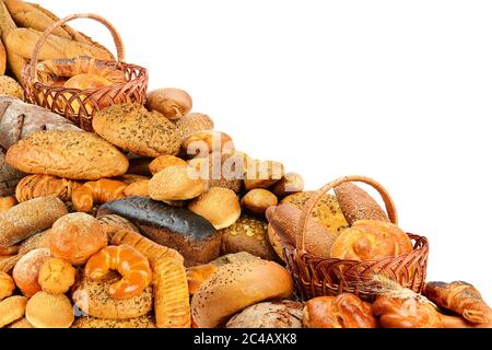 Fresh buns, cookies, croissants and other bread products isolated on white background Stock Photo