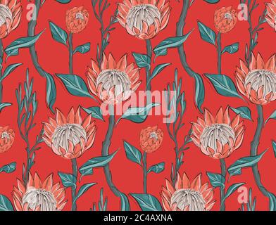 Red Protea with leaves seamless pattern design. Hand-drawn flower sketch. Botanical line art drawing, seamless foliage background. Design  website cov Stock Vector