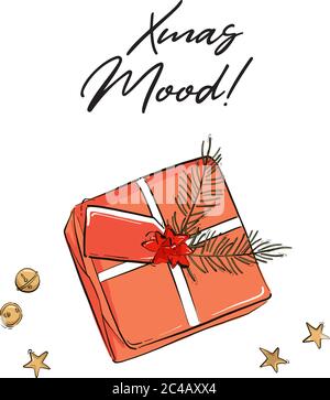 Gift box with name card and pine branch for Christmas ilnitation, greetings. Xmas mood sketch  illustration in vector. Happy New Year festive  design Stock Vector
