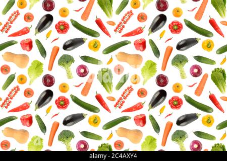 Seamless pattern various vegetables isolated on white background without shadow. Repeating texture Stock Photo