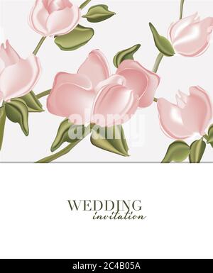 Soft roses wedding decoration background. Vector watercolor flower bloom. Tender invitation card template design with pink blossom and greenery leaves Stock Vector