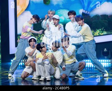 Goyang, South Korea. 24th June, 2020. South Korean- K-Pop boys band CRAVITY performs on the stage during a MBC TV K-Pop music chart program 'Show Champion' at MBC Dream Center in Goyang, South Korea on June 24, 2020. (Photo by: Lee Young-ho/Sipa USA) Credit: Sipa USA/Alamy Live News Stock Photo