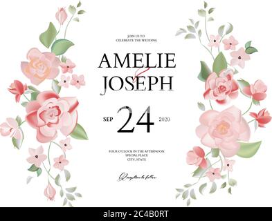 Botanical vertical wedding invitation card template design, rose flowers and leaves with wreath frame on white background, vintage style. Greeting car Stock Vector