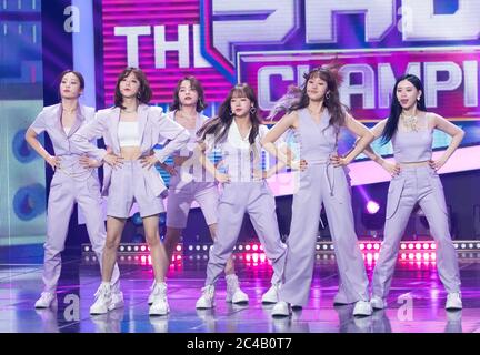 Goyang, South Korea. 24th June, 2020. South Korean K-Pop girl group Weki Meki, performs on the stage during a MBC TV K-Pop music chart program 'Show Champion' at MBC Dream Center in Goyang, South Korea on June 24, 2020. (Photo by: Lee Young-ho/Sipa USA) Credit: Sipa USA/Alamy Live News Stock Photo