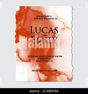 Terracotta watercolor marble design. Luxury wedding modern golden splash and liquid ink template. Ewd stain fashion sparkle graphics Stock Vector
