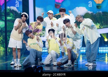 Goyang, South Korea. 24th June, 2020. South Korean- K-Pop boys band CRAVITY performs on the stage during a MBC TV K-Pop music chart program 'Show Champion' at MBC Dream Center in Goyang, South Korea on June 24, 2020. (Photo by: Lee Young-ho/Sipa USA) Credit: Sipa USA/Alamy Live News Stock Photo