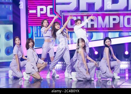 Goyang, South Korea. 24th June, 2020. South Korean K-Pop girl group Weki Meki, performs on the stage during a MBC TV K-Pop music chart program 'Show Champion' at MBC Dream Center in Goyang, South Korea on June 24, 2020. (Photo by: Lee Young-ho/Sipa USA) Credit: Sipa USA/Alamy Live News Stock Photo