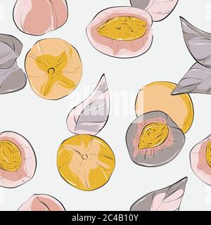Seamless peach pattern with creative leaves decoration. Vector food plant  flowers in scandinavian style. Great for fabric, textile. Nursery pastel co Stock Vector