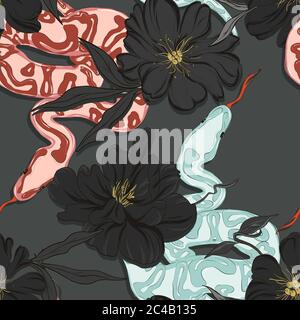 Hand-drawn snake in flowers floral pattern. Dynamic abstract design with animals. plants. Tropical summer repetition texture. Vintage dark collage in Stock Vector
