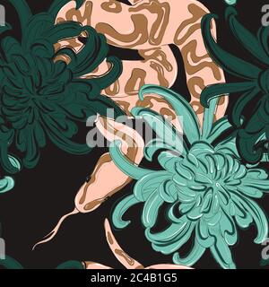 Snake and flowers coral green  pattern. Contrast  mint  beige snake and chrysanthemum isolated on black background. Seamless fabric design. Exotic jun Stock Vector