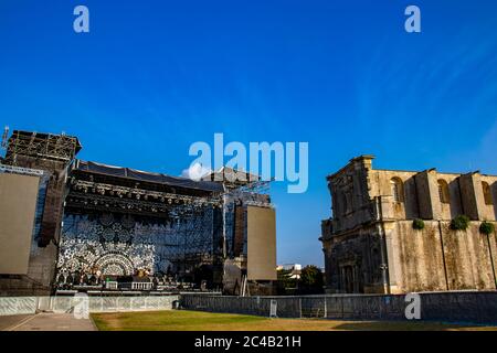 Melpignano, Lecce, Italy - Set up of the stage for the 'Notte della Taranta' concert in Melpignano, in Salento. Stock Photo