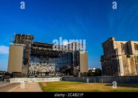 Melpignano, Lecce, Italy - Set up of the stage for the 'Notte della Taranta' concert in Melpignano, in Salento. Stock Photo