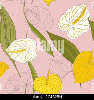 Seamless kala pattern with light yellow and white lily  flowers and  green long leaves on pink background.Modern calla  botanical nature design Stock Vector