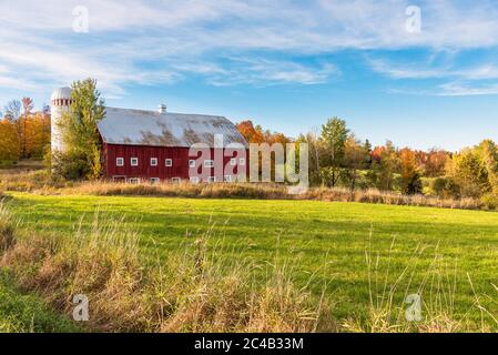Idyllic rural landscape under blue sky with an old red wooden barn with a silo at the far end of a grassy field on sunny autumn day Stock Photo