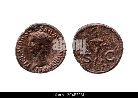 Roman As Replica Coin of  Roman Emperor Claudius 10 BC- 54 AD  obverse and reverse cut out and isolated on a white background Stock Photo