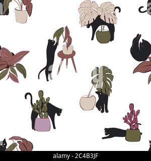 Hand-drawn cat and house plants pattern .Seamless vector drawing texture. Repetiotion kitty  background . Stock Vector