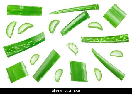 Aloe vera with slices isolated on white background. Top view. Flat lay. Stock Photo