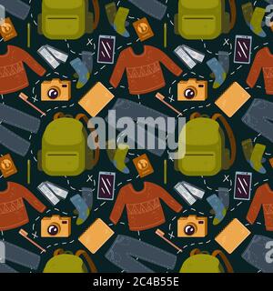 Vector pattern for backpacker, forest, mountain, tourist travel, vacation. Stock Vector