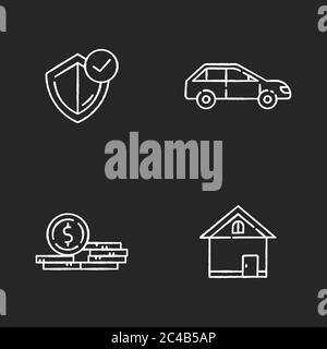 Insurance chalk white icons set on black background Stock Vector