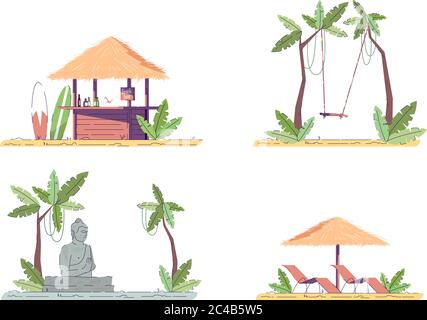 Indonesian tourism entertainment semi flat RGB color vector illustration set Stock Vector