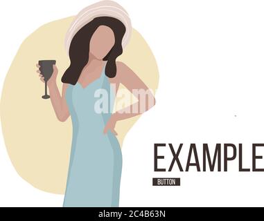 Girl drinking wine flat consept. Casual weekend illustration. Beautiful woman with glass of wine joy clipart.  Happy cartoon art. Stock Vector