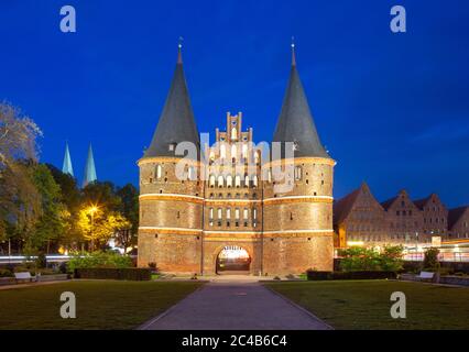 Holstentor, former western city gate, field side, Luebeck, Schleswig-Holstein, Germany Stock Photo