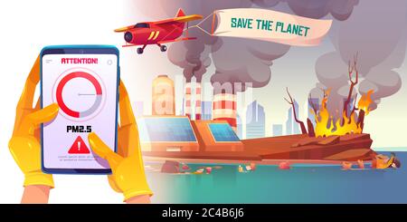 PM2.5 air pollution smartphone application. PM 2.5 dust detector. Vector cartoon illustration of hands in gloves holding phone on background of factory, dirty sea shore and forest fire Stock Vector