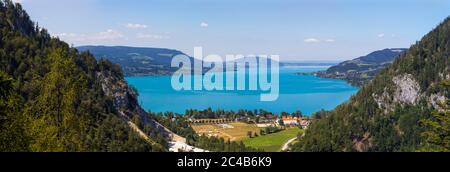 Panoramic view of Weissenbach am Attersee and Steinbach am Attersee, Attersee, Salzkammergut, Upper Austria, Austria Stock Photo