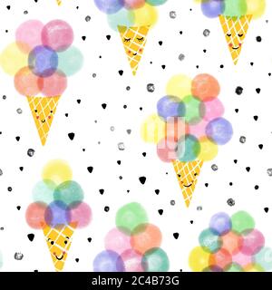 Ice cream waffle cones seamless pattern. Hand drawn cute ice cream with smiling faces repeating background. Cute kids summer pattern for fabric Stock Photo