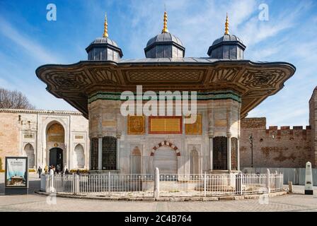 Sultan Ahmed Fountain on Sultanahmet Square, Hagia Sophia, Istanbul, Turkey Stock Photo