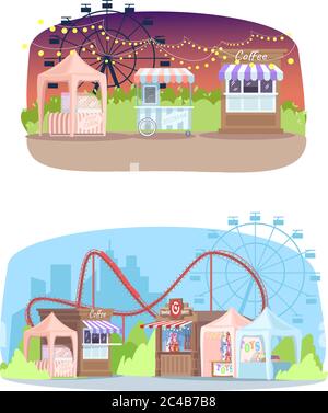 Shopping stalls in amusement park semi flat vector illustrations set Stock Vector