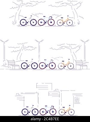 Bicycle ride semi flat RGB color vector illustrations set Stock Vector