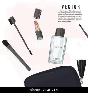 Make-up set: lipstick, brushes, cosmetic bag and perfume sketch illustration. Vector hand drawn beuaty cosmetic products. Fashion makeup collection se Stock Vector