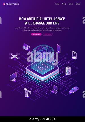 Artificial intelligence banner. Concept of innovation technologies in life. Vector isometric illustration of network, circuit connection of chip with hologram brain and computer, house and car Stock Vector