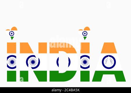 Illustration of India written with Indian National Flag colors. Tiranga (3 colors - Saffron White and Green) with the navy blue wheel Ashok Chakra Stock Photo